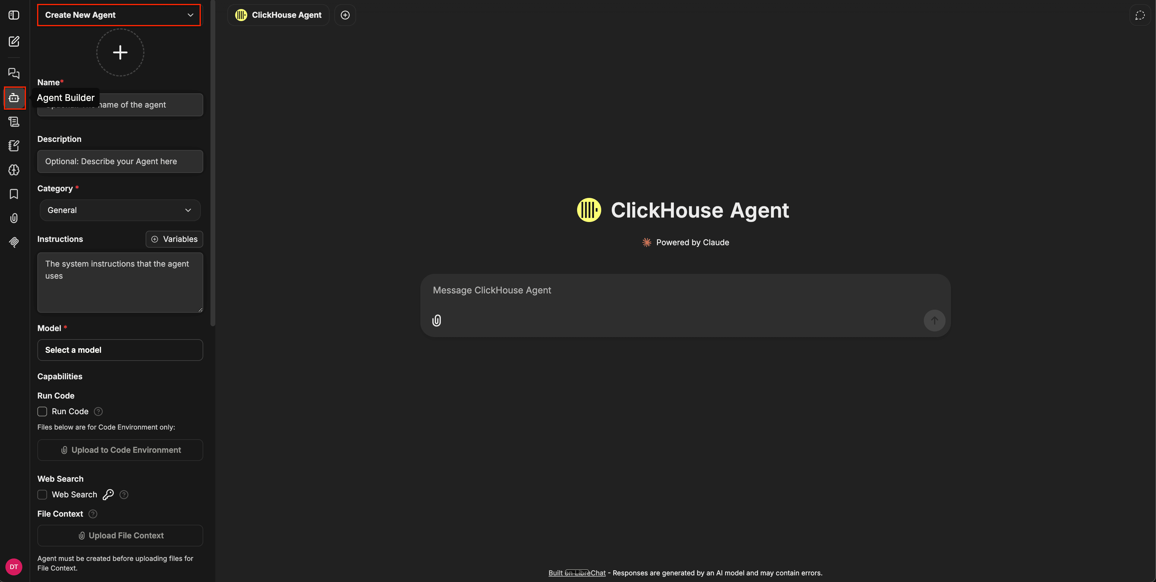 Painel do Agent Builder mostrando o menu suspenso Create New Agent, os campos do formulário (Name, Description, Category, Instructions, Model) e a seção Capabilities