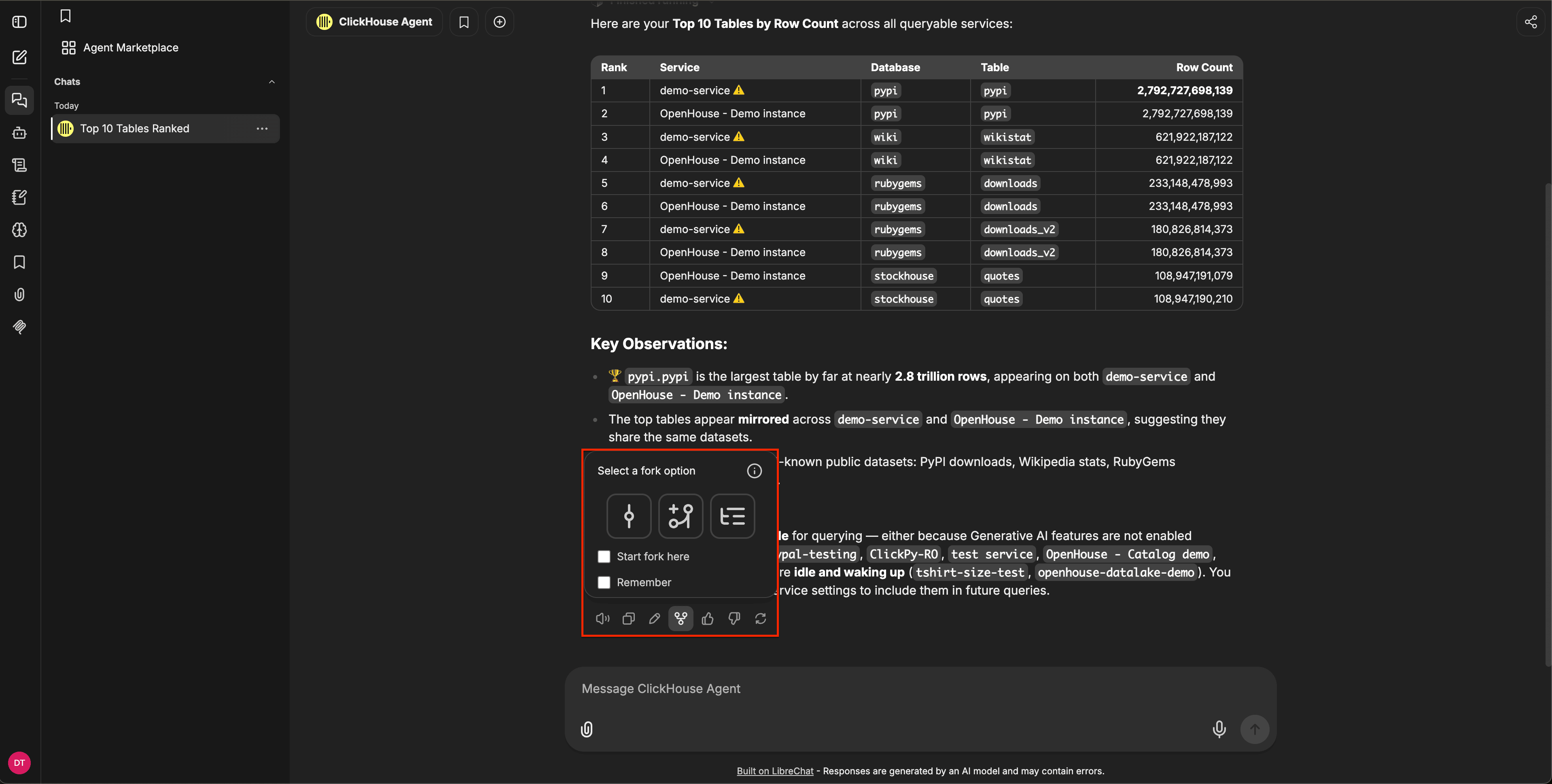 Caixa de diálogo de seleção de opção de fork mostrando três ícones de modo de fork, as caixas de seleção Start fork here e Remember e a barra de ferramentas de ação da mensagem abaixo