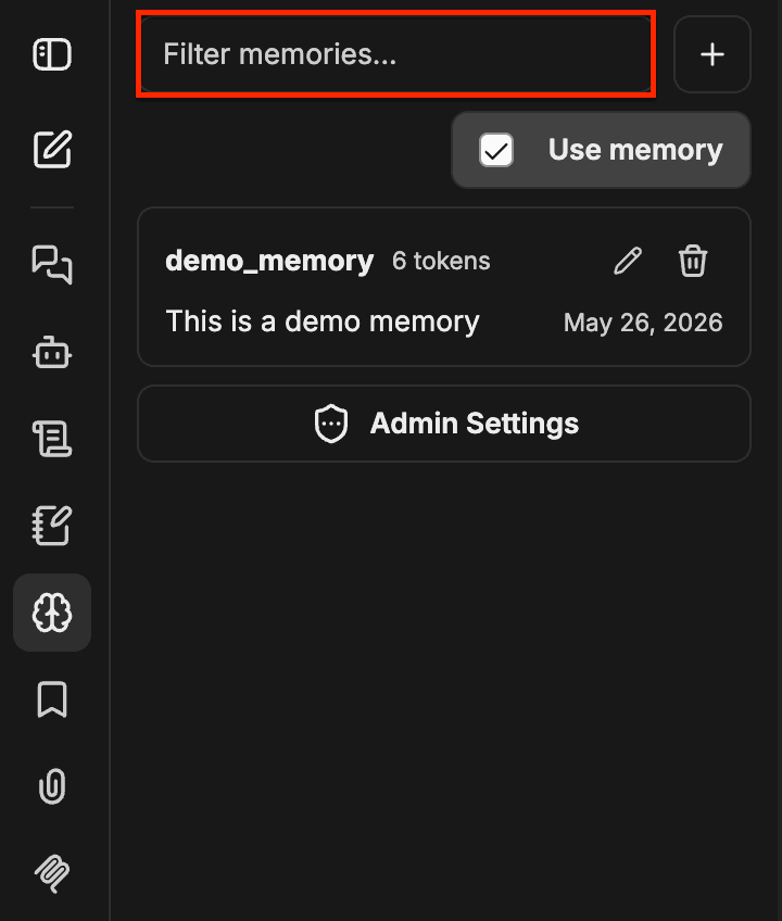 Painel de Memory com o campo Filtrar Memories destacado e 'demo' digitado