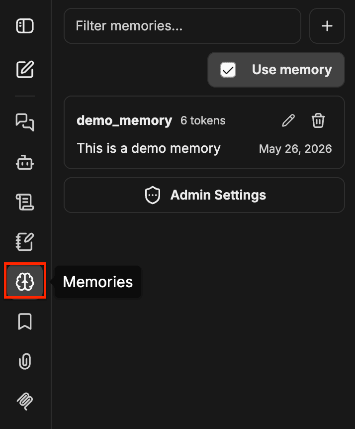Painel Memories mostrando o ícone de cérebro destacado na navegação à esquerda, um campo de filtro, um botão Add, uma caixa de seleção Use memory, uma entrada de Memory com controles de edição e exclusão e um botão Admin Settings