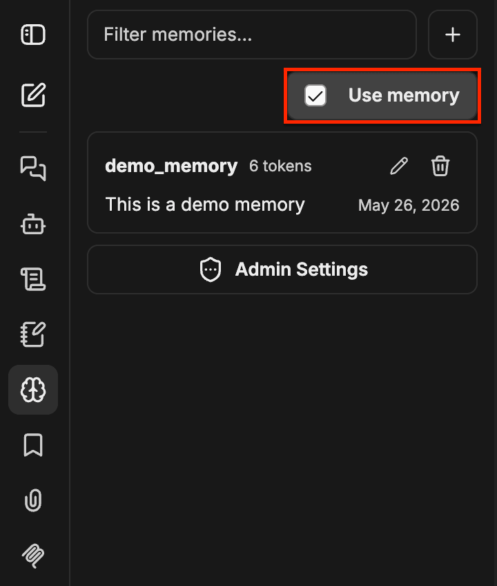 Painel de Memory com a caixa de seleção Use memory destacada na parte superior