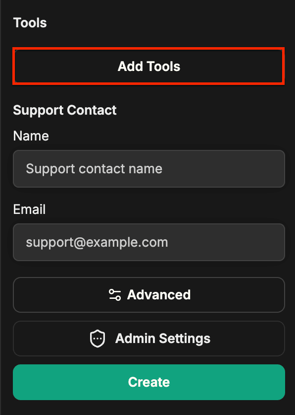 Parte inferior do painel do Agent Builder com o botão Add Tools destacado