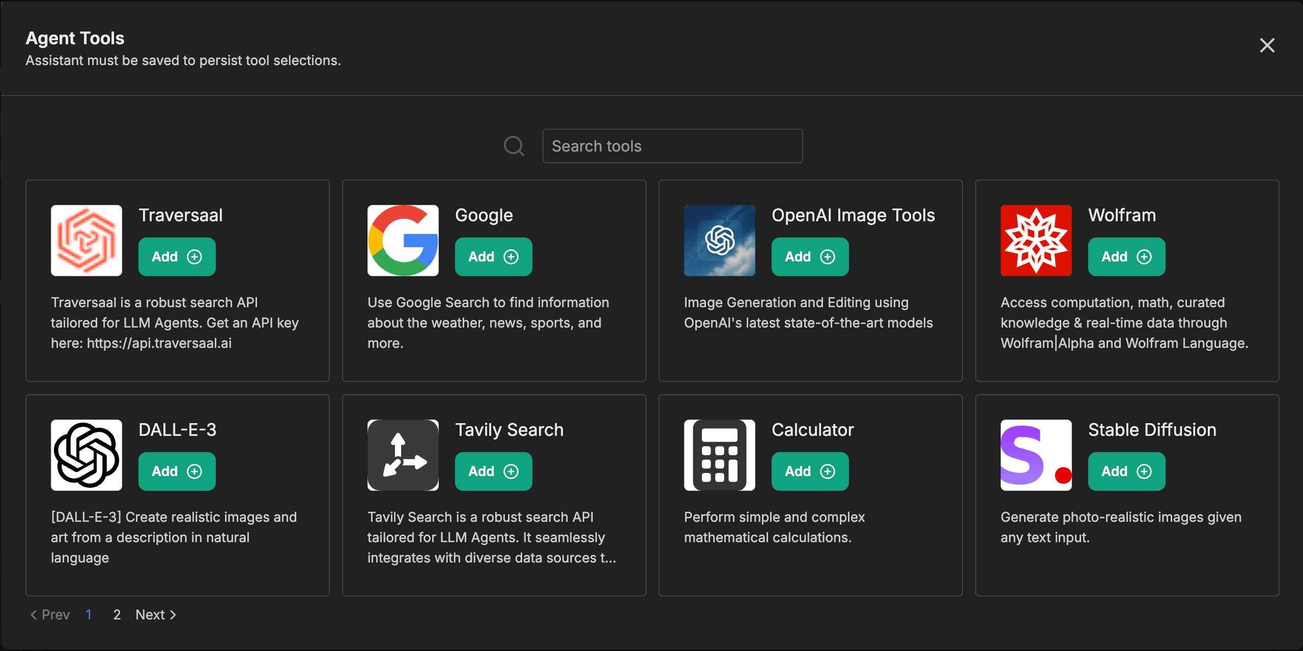 Modal Agent Tools mostrando uma grade de integrações de terceiros, incluindo Google, OpenAI Image Tools, Wolfram, DALL-E-3, Tavily Search, Calculator e Stable Diffusion