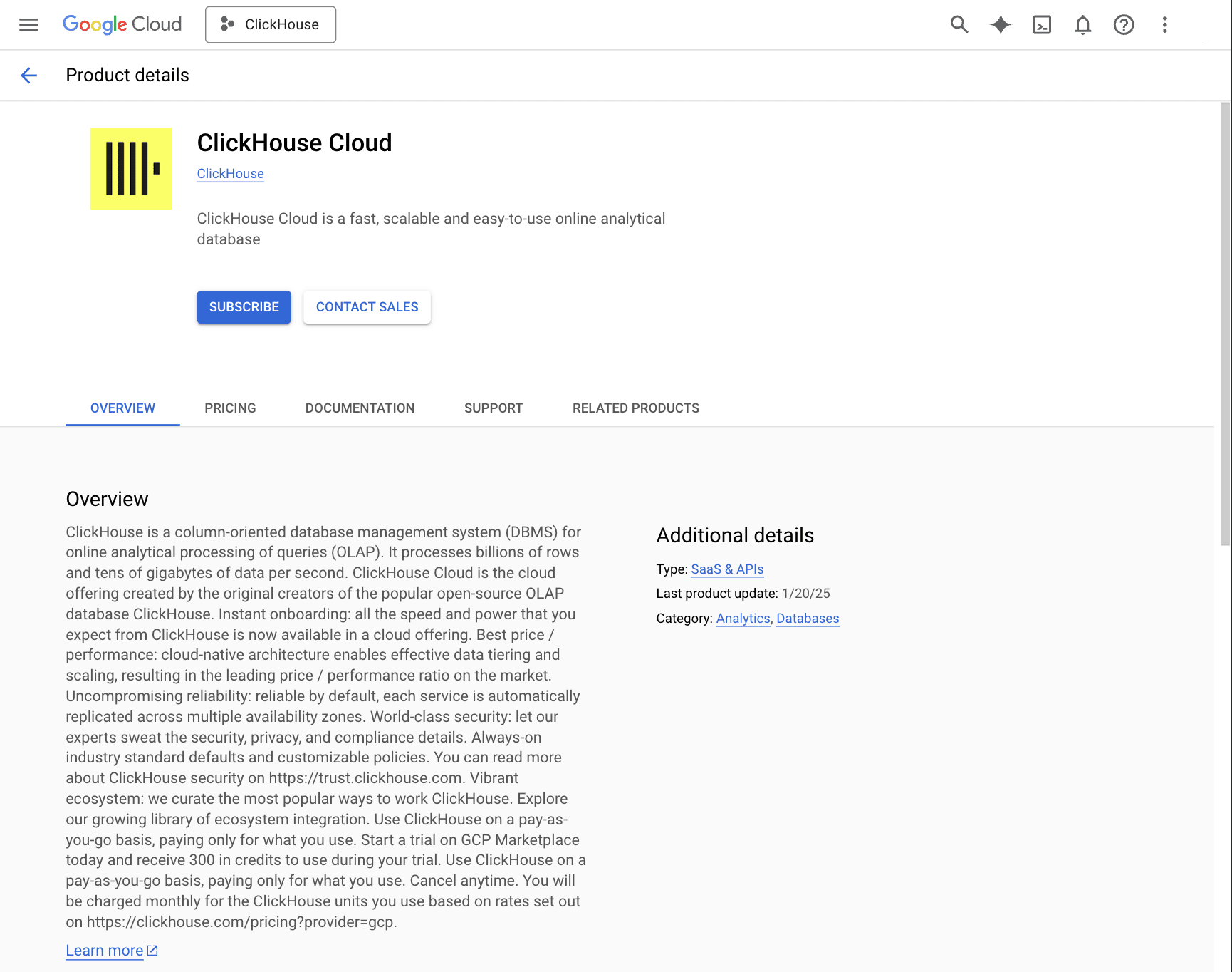 ClickHouse Cloud in GCP Marketplace
