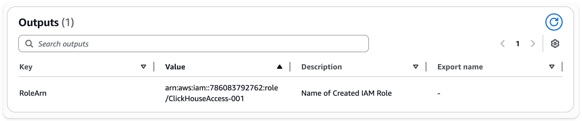 IAM Role ARN을 보여주는 CloudFormation 스택 출력