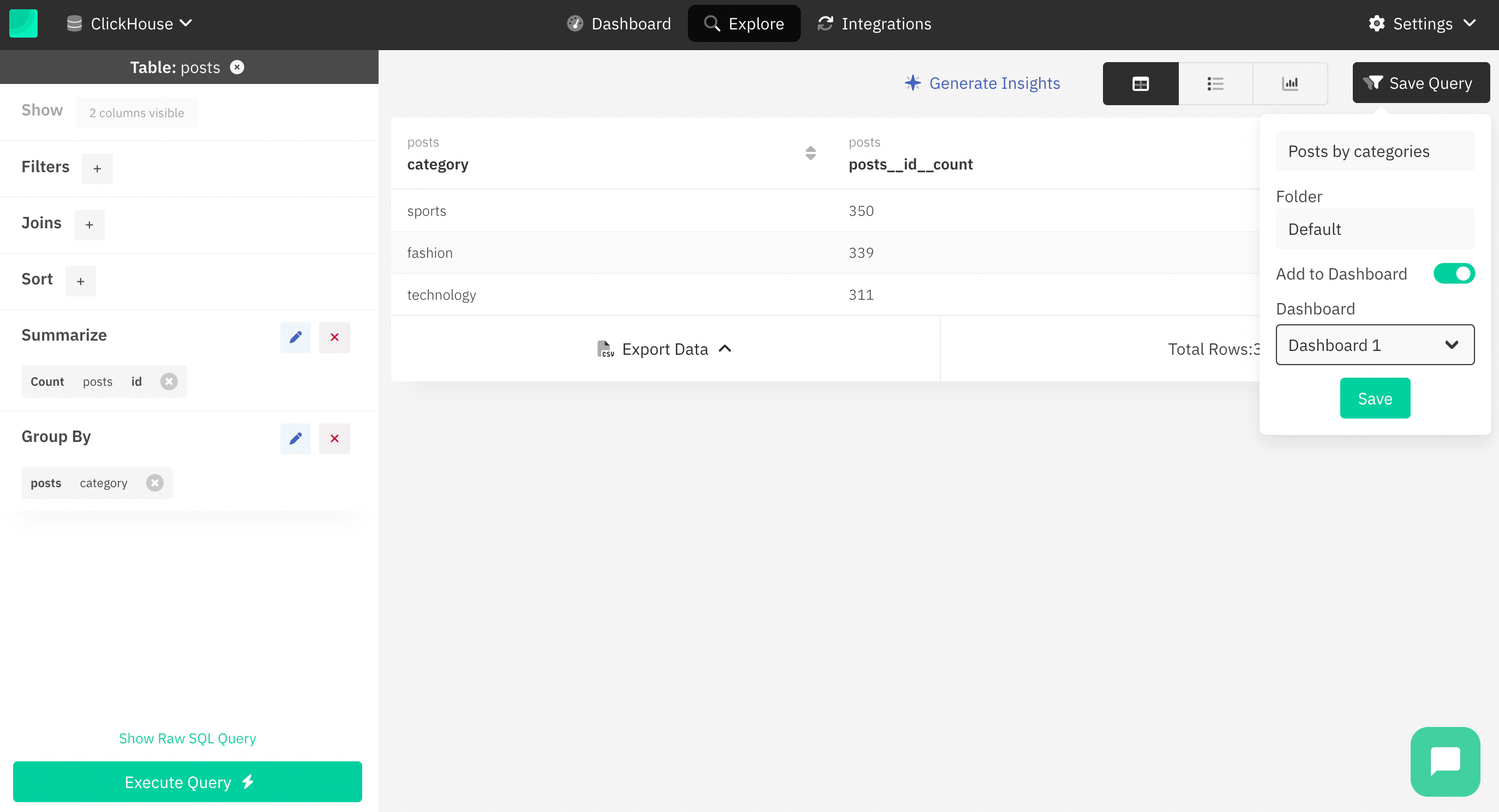 dashboard 옵션이 있는 Draxlr 쿼리 저장 대화상자