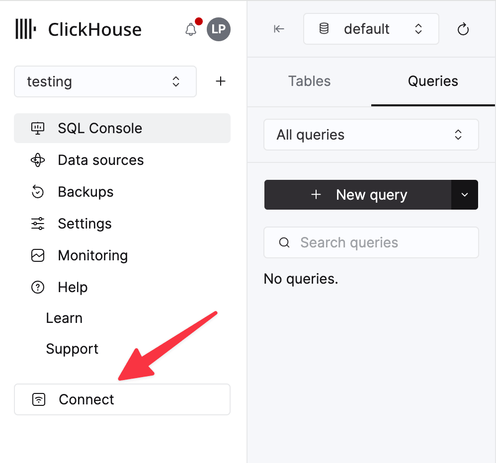 ClickHouse Cloud 콘솔에서 Connect 버튼 위치