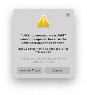مربع حوار خطأ التحقق من المطوّر في MacOS