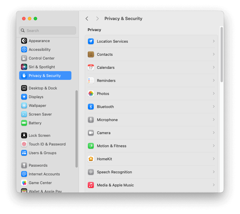 العرض الافتراضي لإعدادات الخصوصية والأمان في macOS