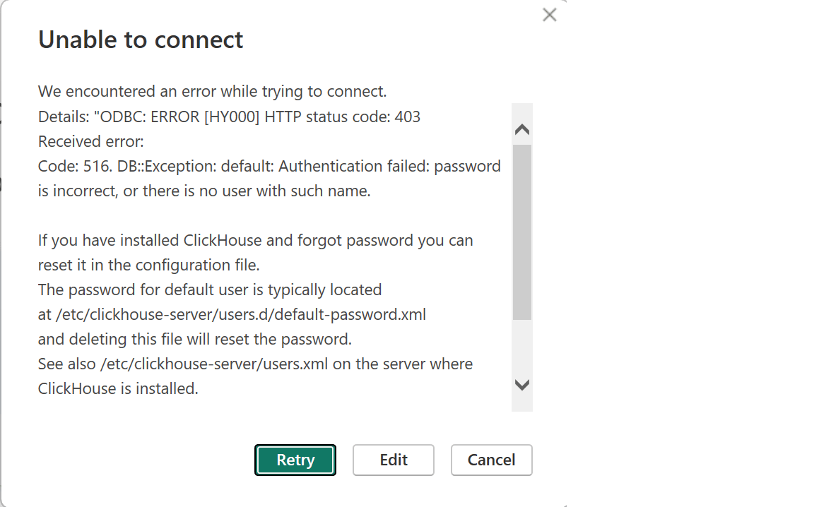 Boîte de dialogue d’erreur d’authentification ODBC dans Power BI